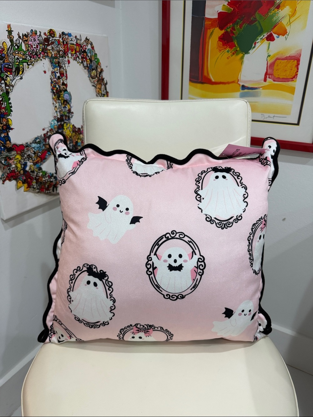 The Halloween Shop Pink/Black/White Cute Ghosts & Bats Decorative  Pillow